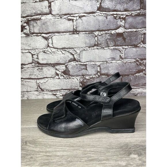 Mephisto Black Leather Ankle Strap Causal Wedge Sandals Women’s Sz 40EU/9.5M US - Picture 1 of 16